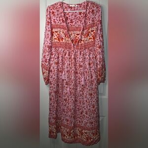R. Vivimos Long Sleeve Boho Floral V-Neck Maxi Dress - Pink and Red Medium ❤️